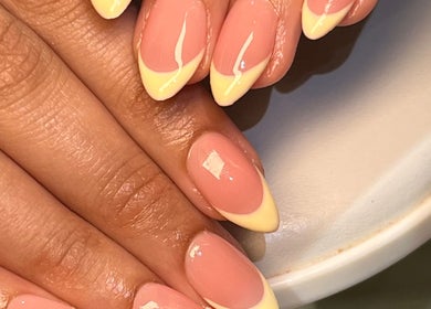Elegant pink and yellow French manicure at PRESH’S NAIL BAR, Pretoria, Gauteng, ZA.