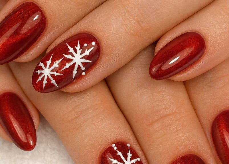Manucure rouge avec flocons de neige blancs chez Art&Miss, Chartainvilliers, Centre-val De Loire, FR.