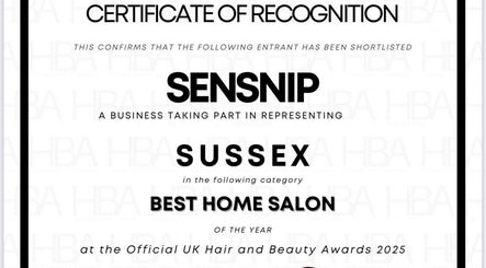 SENSNIP received a certificate for Best Home Salon in Brighton And Hove, England, GB at Hair and Beauty Awards 2025.