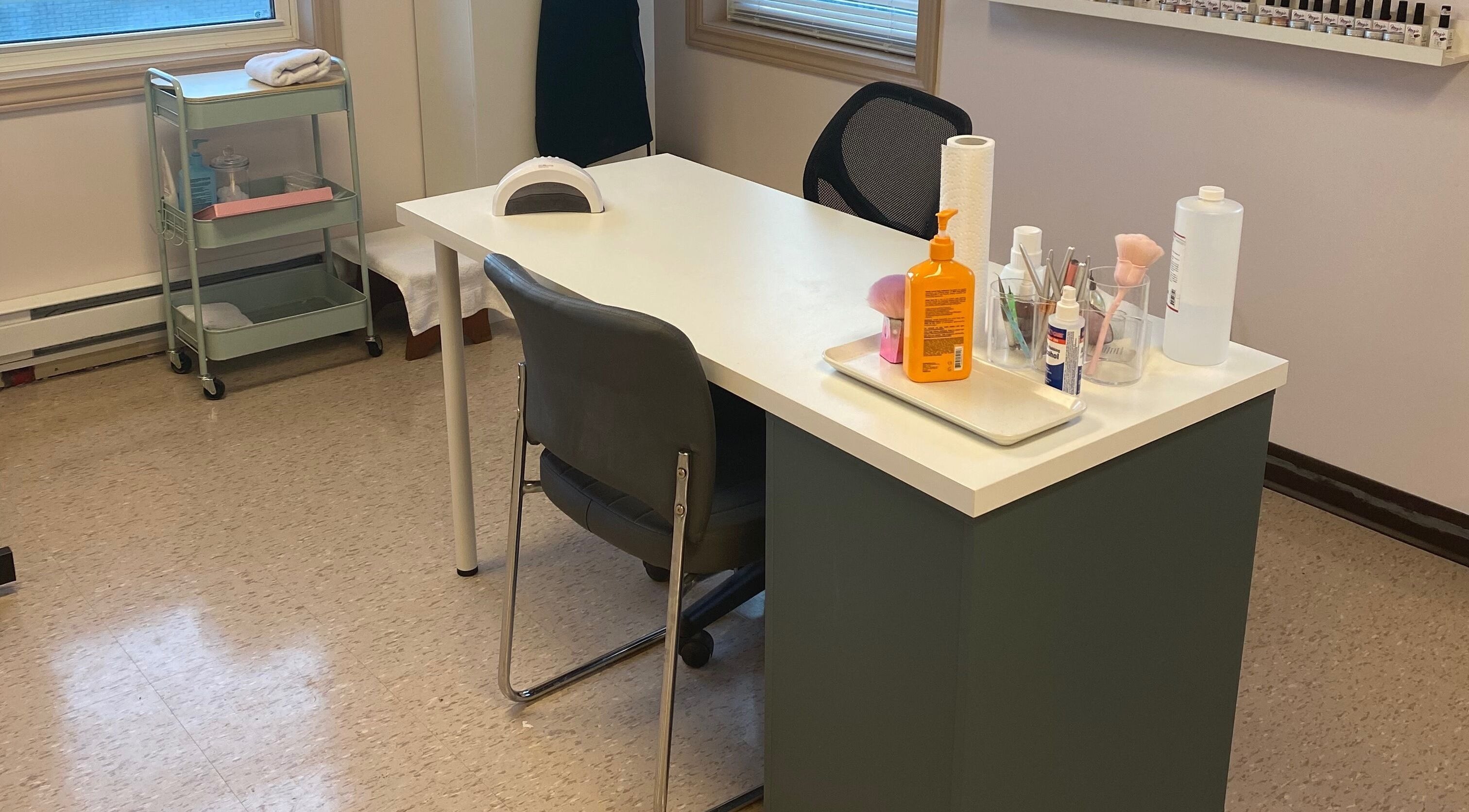 Cozy nail treatment setup at Gel Envy - Jasmin Shears, Lower Sackville, Nova Scotia, CA with tools and supplies.