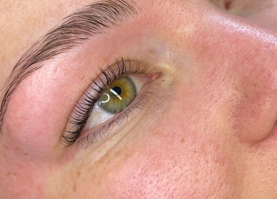 Closeup of expertly styled brow and lashes at Emm Beauty And Brows, Dunsborough, Western Australia, AU.