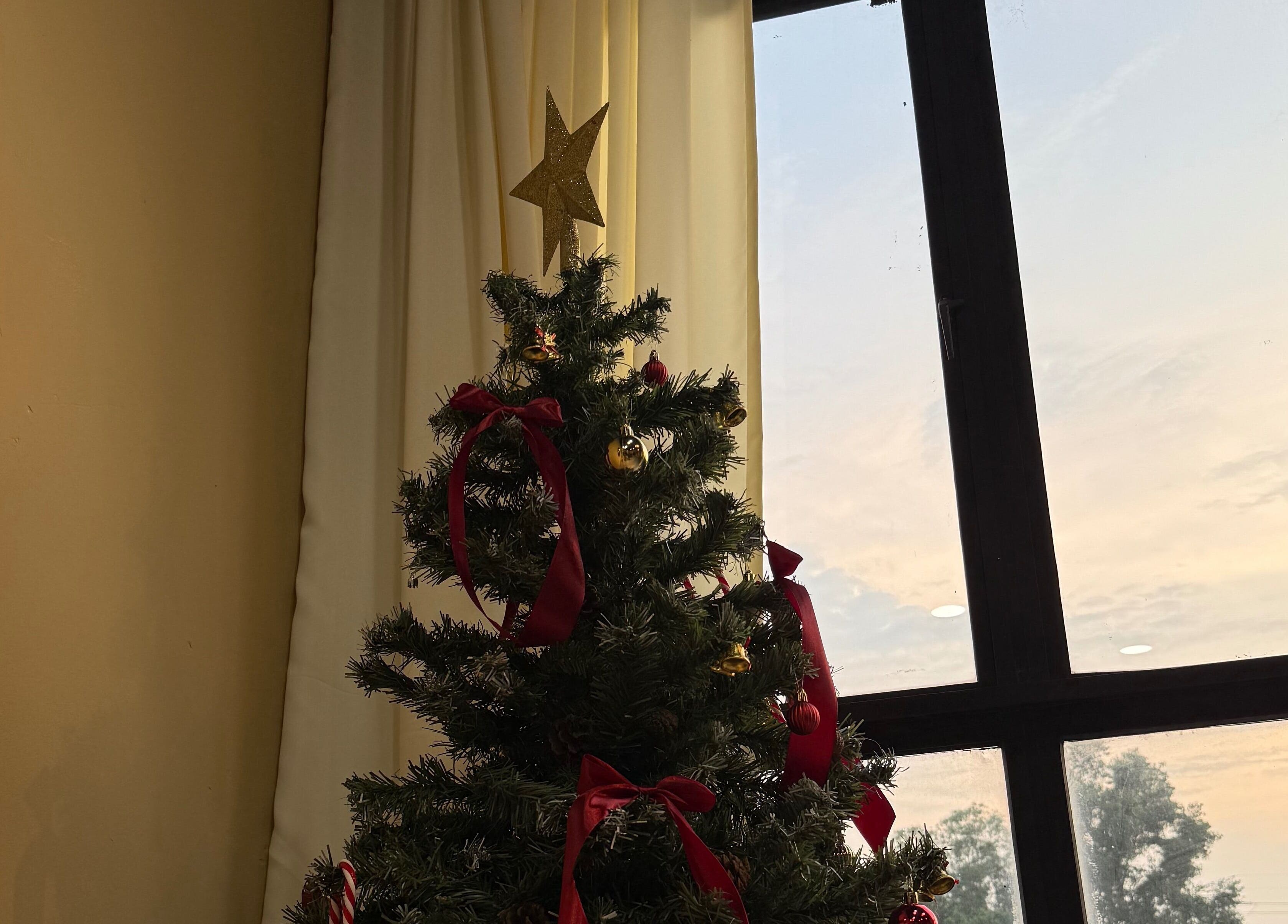 Festive Christmas tree by window at The Ila’s Hair Salon, Kajang, Selangor, MY.