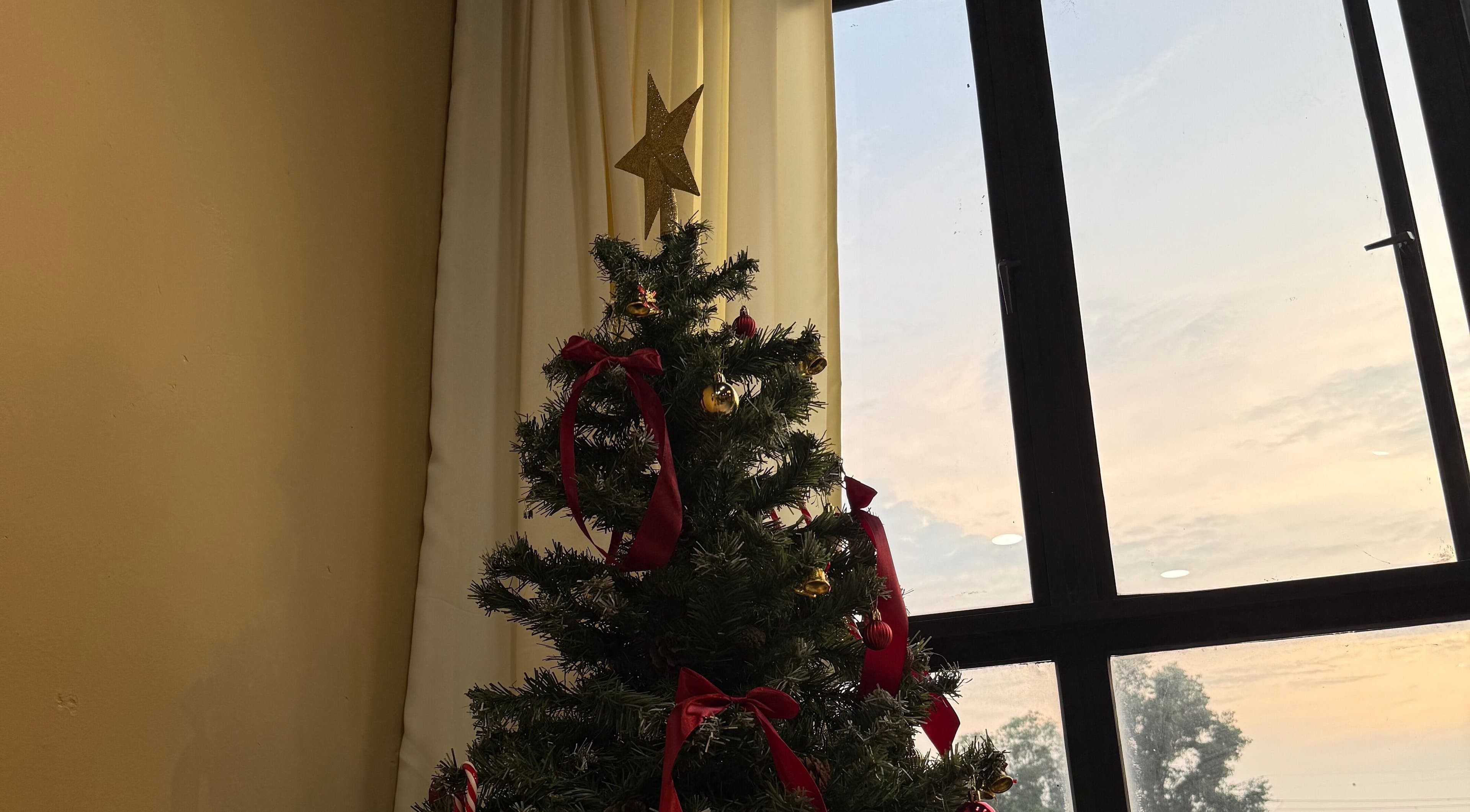 Festive Christmas tree by window at The Ila’s Hair Salon, Kajang, Selangor, MY.