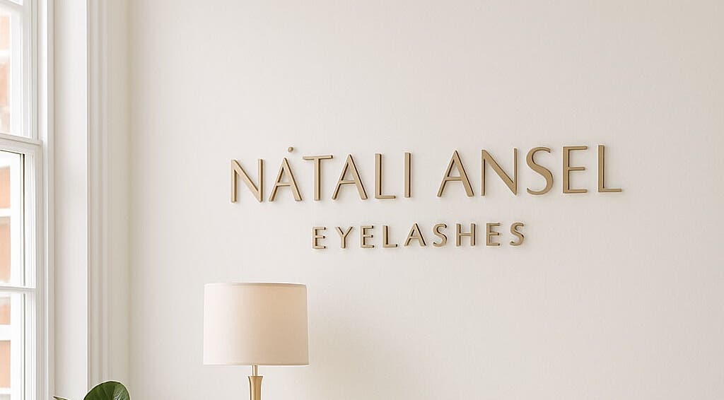 Interior of Lash Extensions London with elegant signage in London, England, GB.