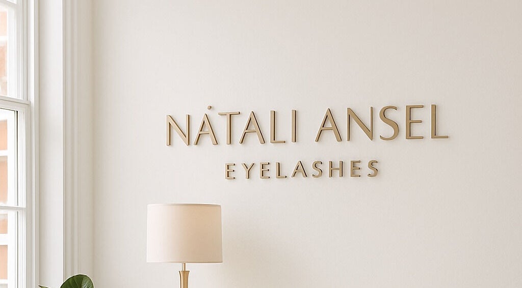 Interior of Lash Extensions London with elegant signage in London, England, GB.