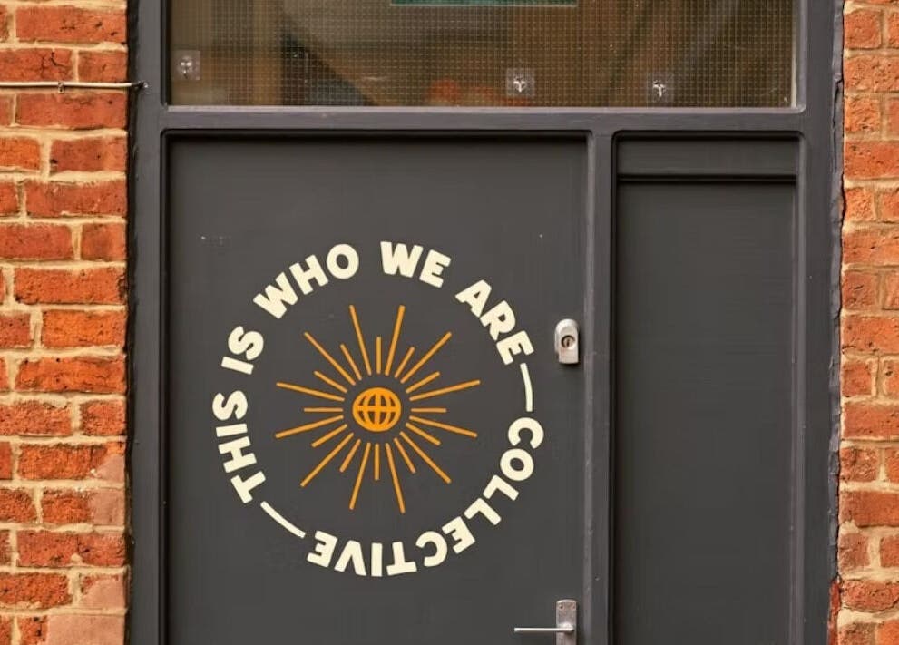 Entrance of Sophia Colorist at This Is Who We Are Collective in Leeds, England, GB with a stylish logo on the door.