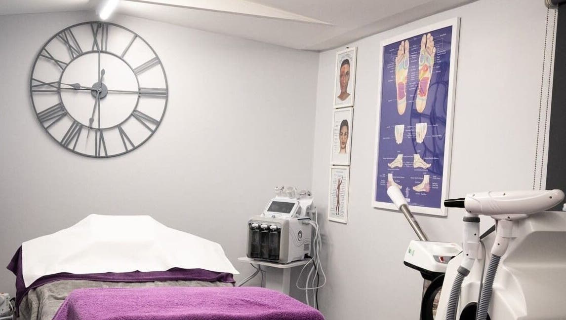 Reflexions treatment room with equipment and charts in Hockley, England, GB.