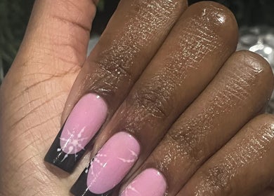 Elegant pink and black marble nail design at The Laur Effect, Toronto, Ontario, CA.