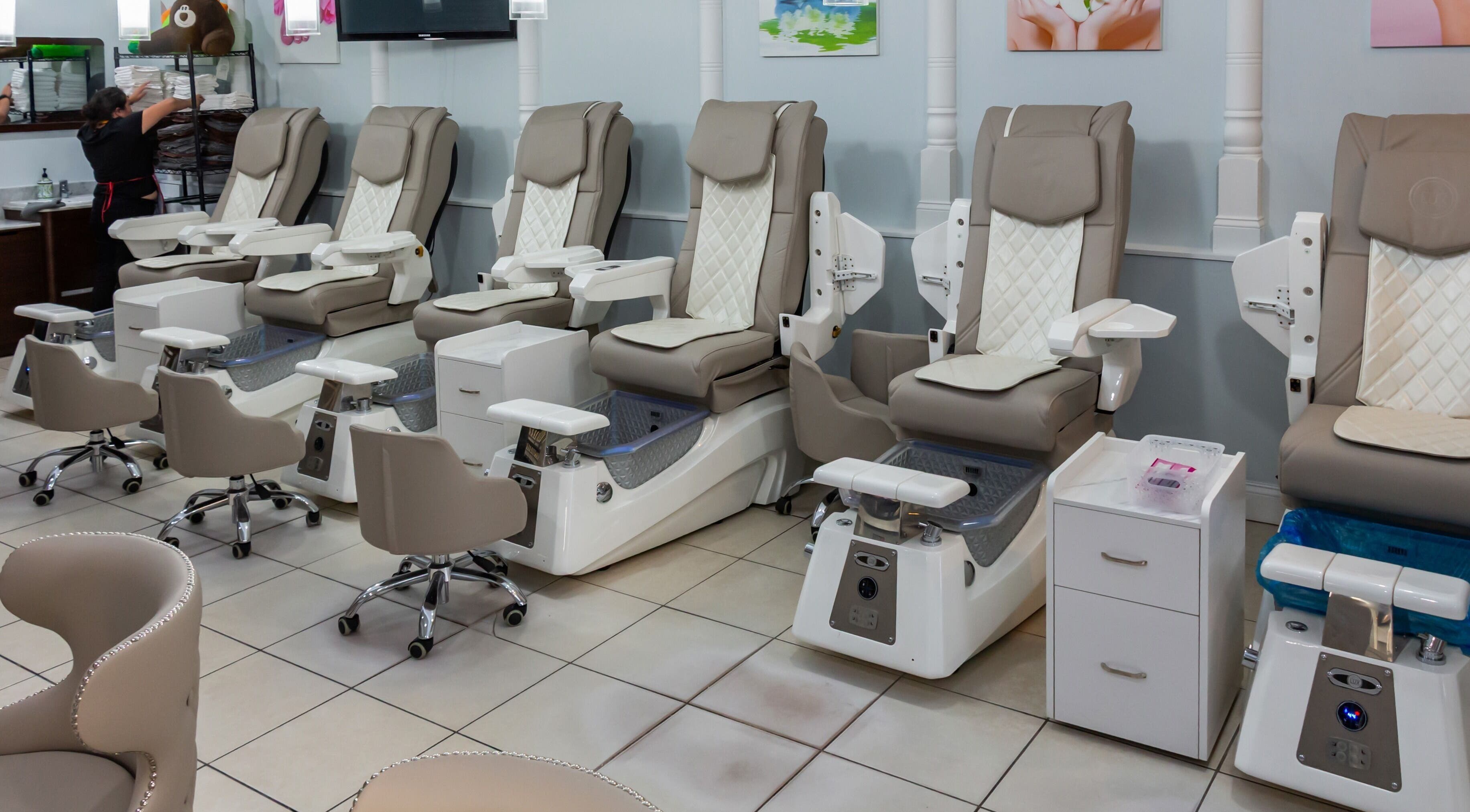 Pedicure chairs at MStyle Nails Spa in Wilmington, Delaware, US offer relaxation and style.
