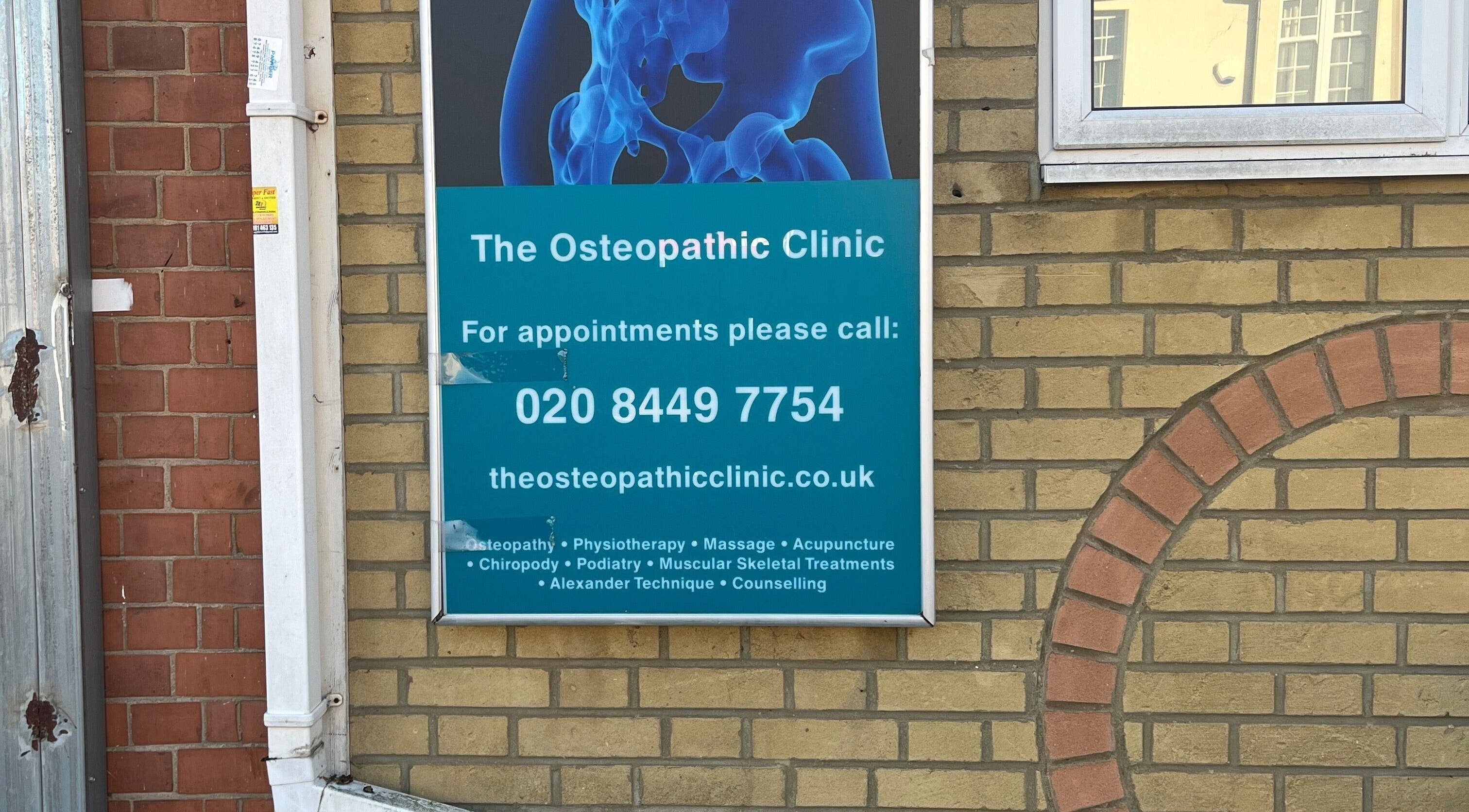 Sign for The Osteopathic Clinic at New Barnet Chiropody Clinic, New Barnet, England, GB.