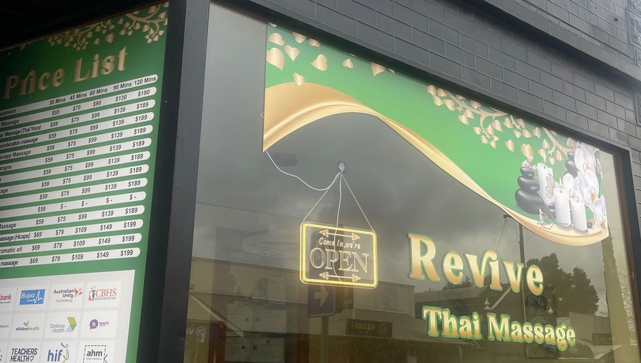 Revive Thai Massage storefront with price list in Eastwood, South Australia, AU.