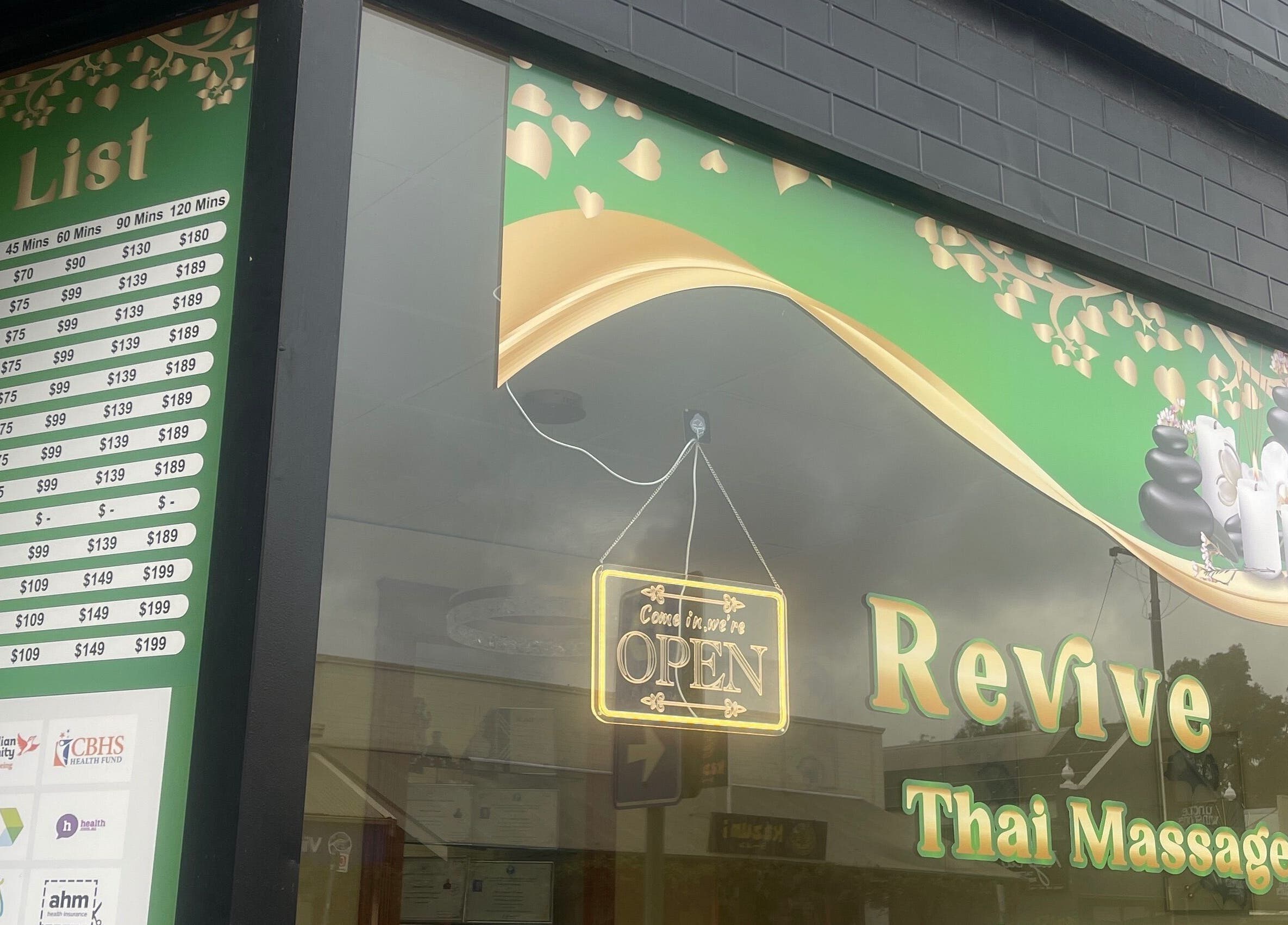 Revive Thai Massage storefront with price list in Eastwood, South Australia, AU.