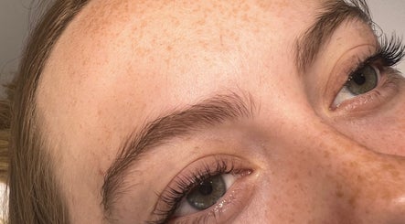 Close-up of perfectly shaped eyebrows and lashes at No4Beauty in Sandy, England, GB.