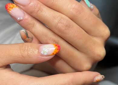 Detailed nail art with vibrant design at No4Beauty in Sandy, England, GB showcasing expert craftsmanship.