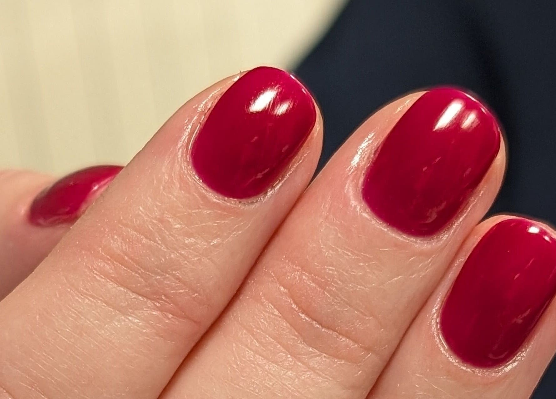 Close-up of crimson nail art at Beauty at the Beestons in Newcastle-under-Lyme, England, GB.