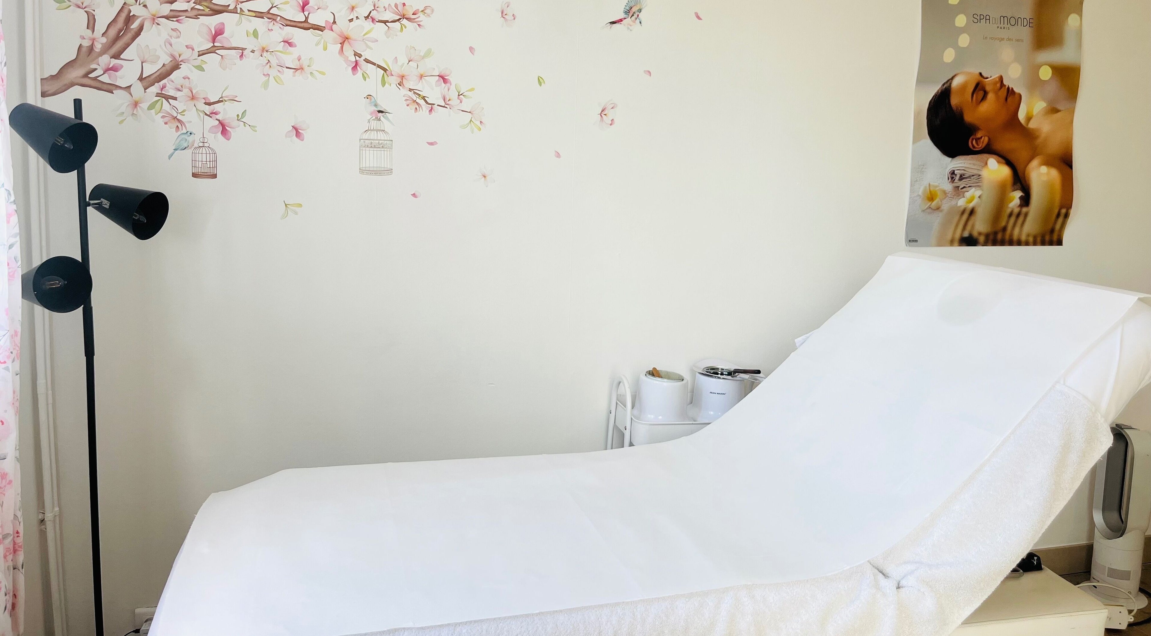 Salle de soins à Celestiminstitut, Saint-lyé, Grand Est, FR, avec lit de massage et décoration florale.