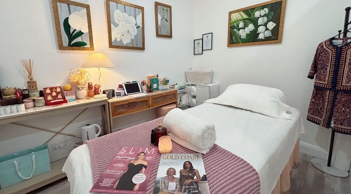 Tranquil massage room at Mina Beauty & Massage in Mermaid Beach, Queensland, AU, with relaxing decor.