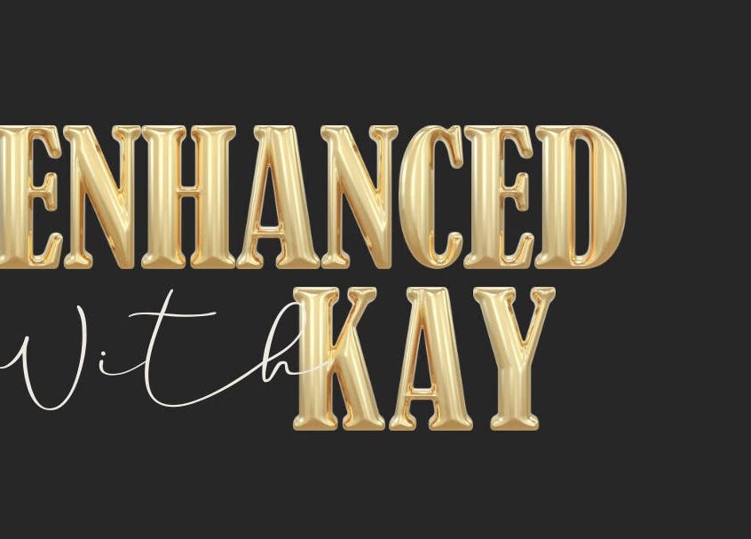 EnhancedwithKay logo in gold letters on black background, London, England, GB.