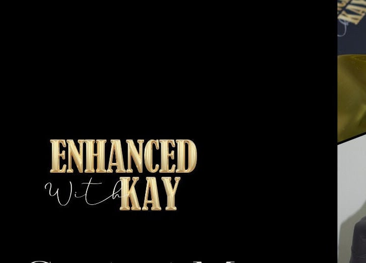 EnhancedwithKay logo in gold with luxurious spa setting in London, England, GB.