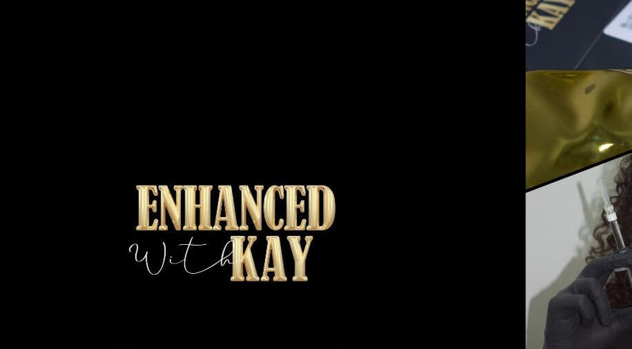 EnhancedwithKay logo in gold with luxurious spa setting in London, England, GB.
