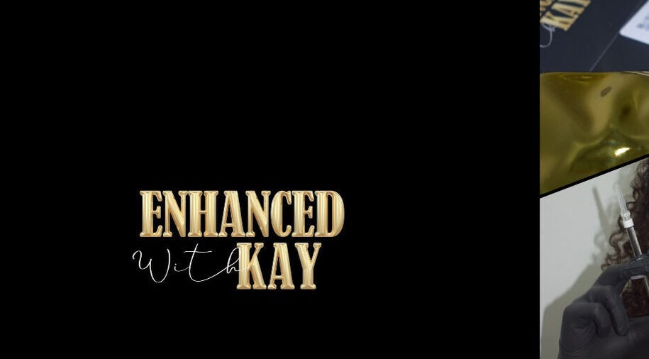 EnhancedwithKay logo in gold with luxurious spa setting in London, England, GB.