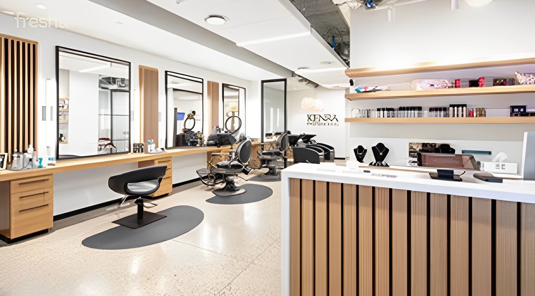 DC Hair Group salon interior with modern chairs and mirrors in London, Ontario, CA.