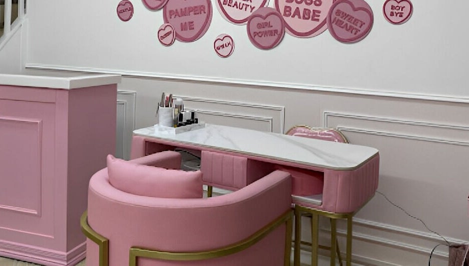 Stylish pink makeup station at Alex Lajbrok Makeup, Middlesbrough, England, GB, featuring luxury decor.