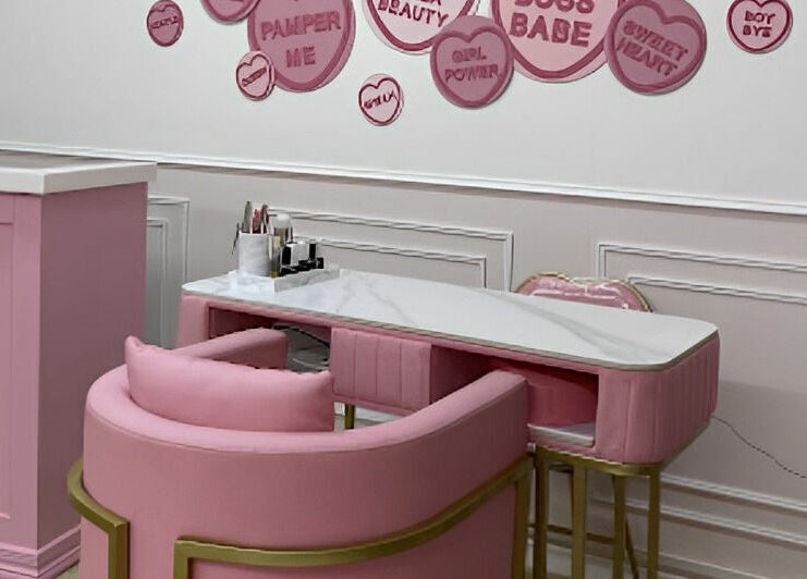 Stylish pink makeup station at Alex Lajbrok Makeup, Middlesbrough, England, GB, featuring luxury decor.