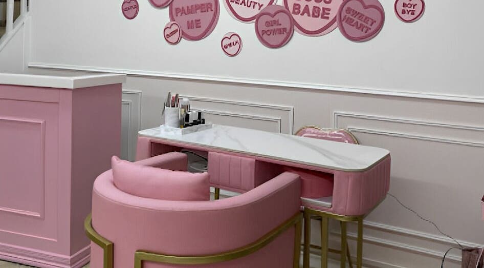 Stylish pink makeup station at Alex Lajbrok Makeup, Middlesbrough, England, GB, featuring luxury decor.