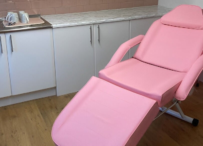 Pink beauty chair at Alex Lajbrok Makeup, Middlesbrough, England, GB, ready for client treatments.