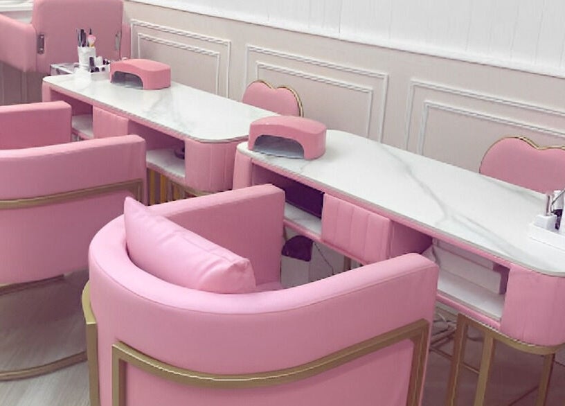 Chic pink manicure studio at Alex Lajbrok Makeup in Middlesbrough, England, GB featuring elegant decor.