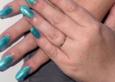 Glittering aqua nails manicure at Nails By Corrina, Lethbridge Park, New South Wales, AU.