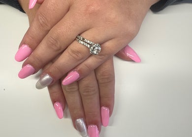 Elegant pink and silver manicure by Nails By Corrina, Lethbridge Park, New South Wales, AU.