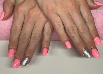 Elegant pink and silver nail design at Nails By Corrina, Lethbridge Park, New South Wales, AU.