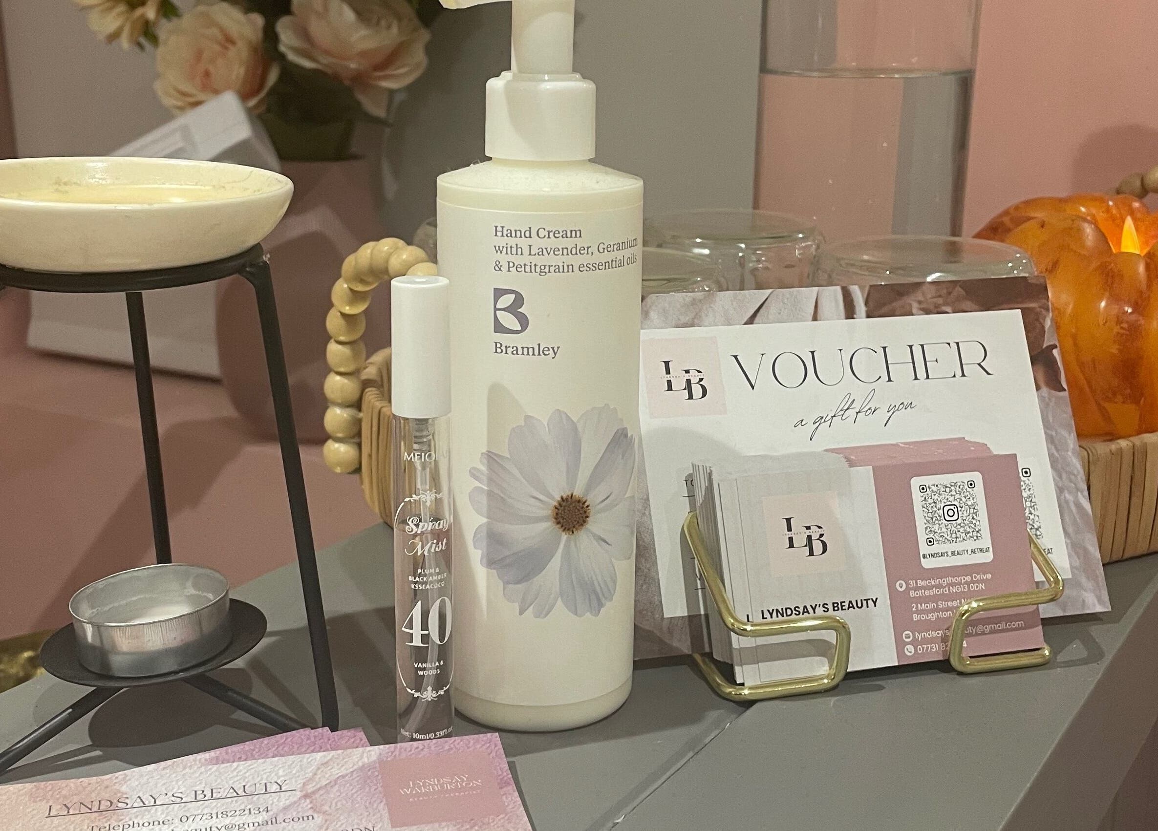 Bramley hand cream display at Lyndsay’s Beauty, Bottesford, England, GB with gift vouchers and decor.