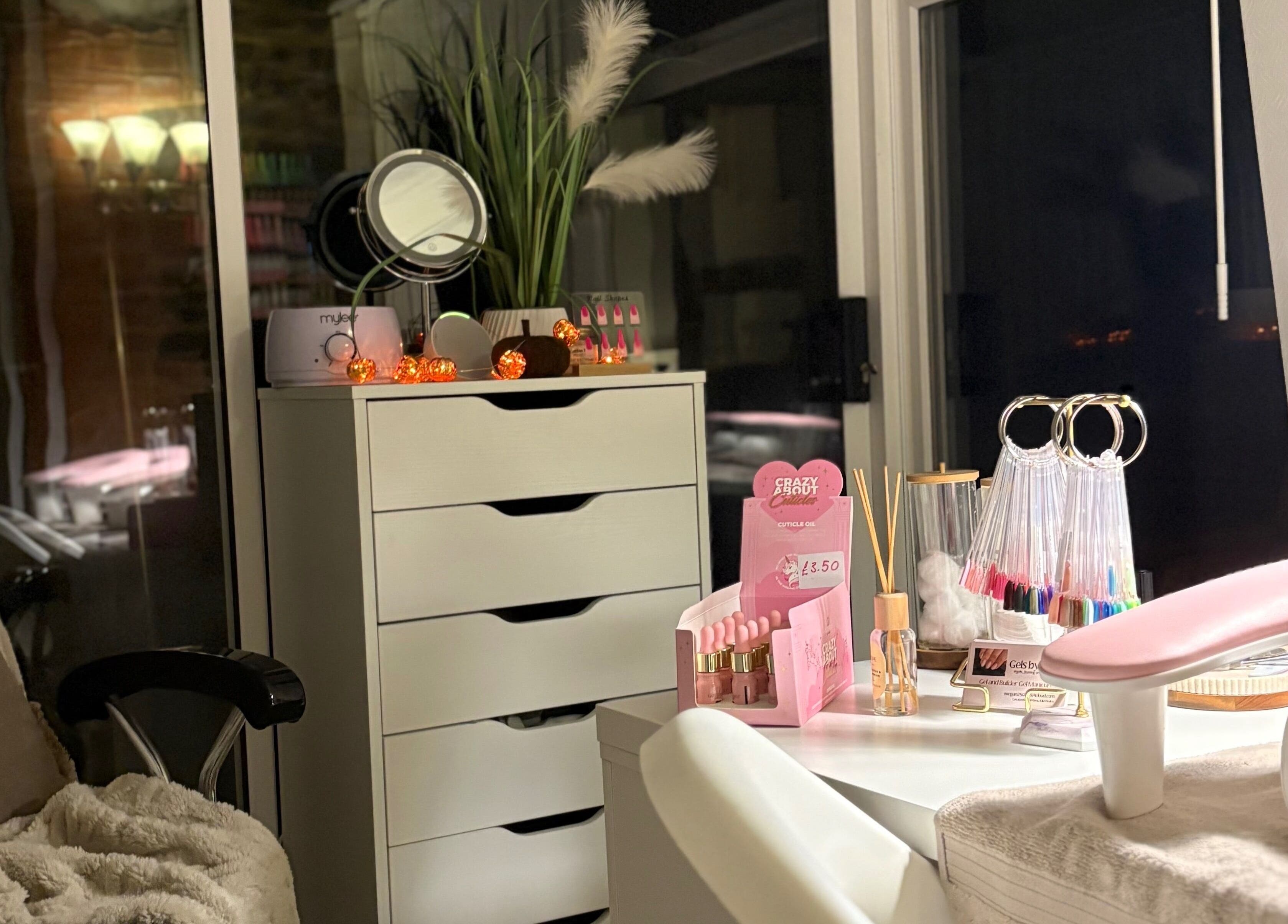 Cozy nail station at Gels by Meg in Welshpool, Wales, GB featuring professional manicure setup and decor.