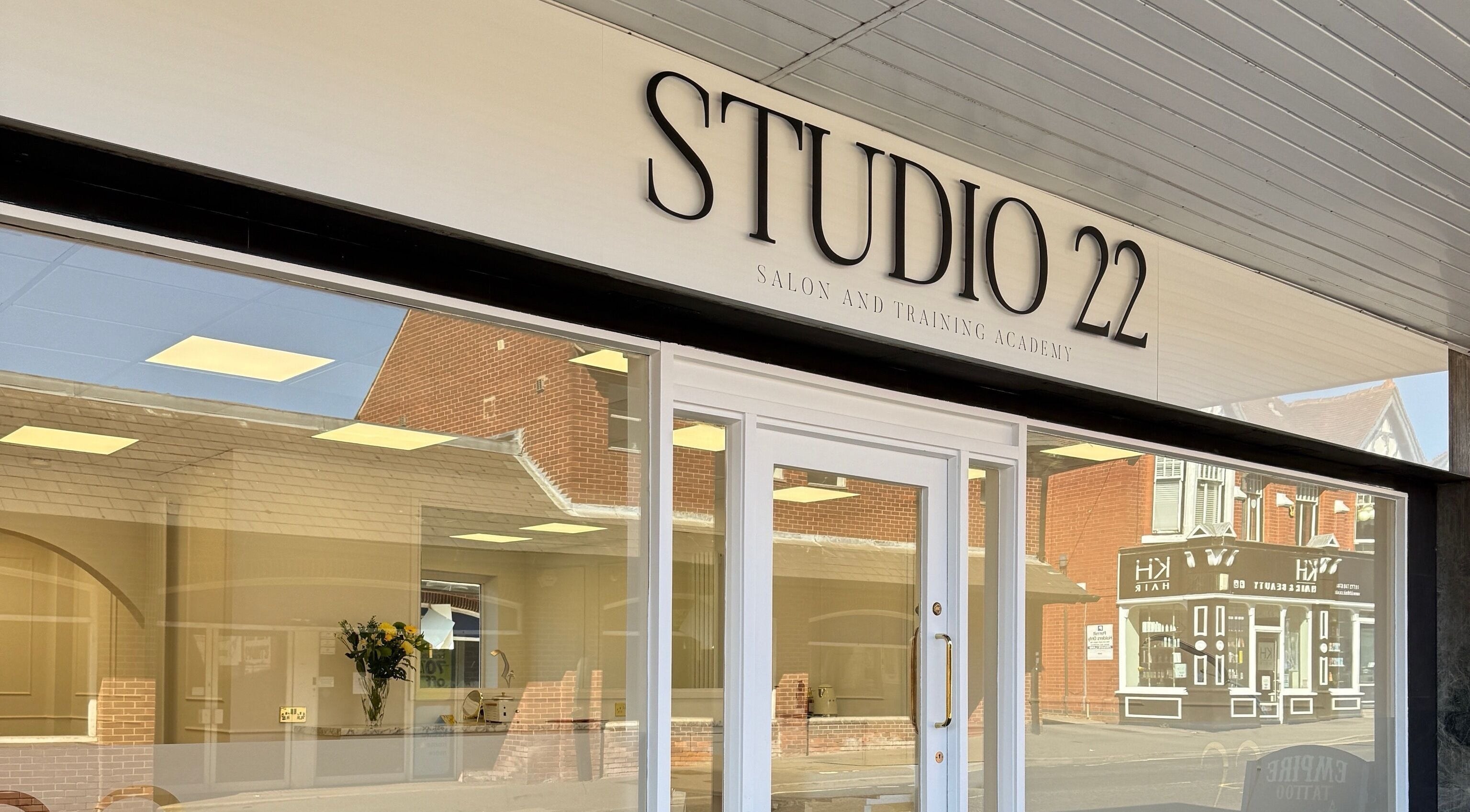 Front entrance of Studio 22 salon and training academy in Ripley, England, GB.