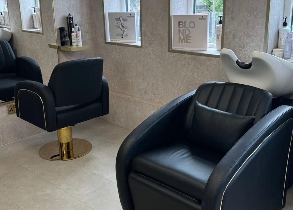 Elegant salon seating and styling area at Soléa Salon - Emma, Motherwell, Scotland, GB.