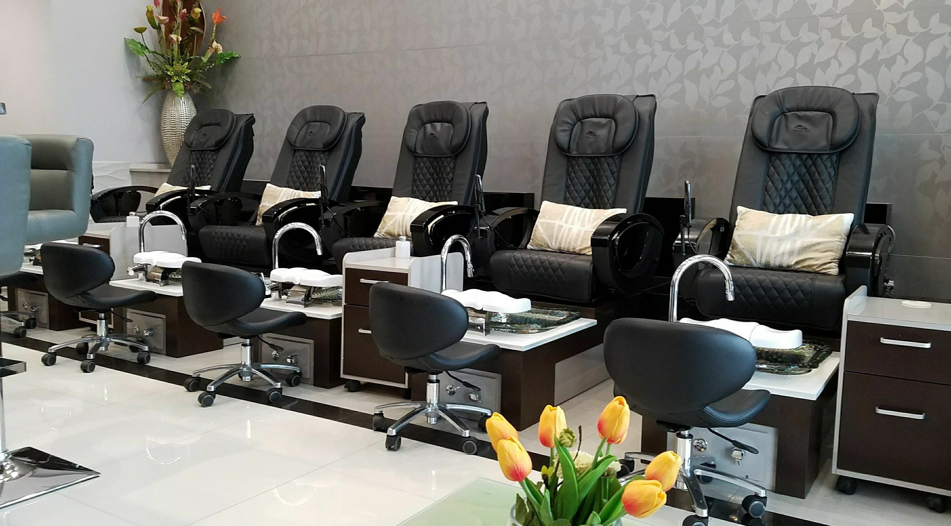 Elegant pedicure chairs at Glow Spa and Nails in Houston, Texas, US, providing a relaxing atmosphere.