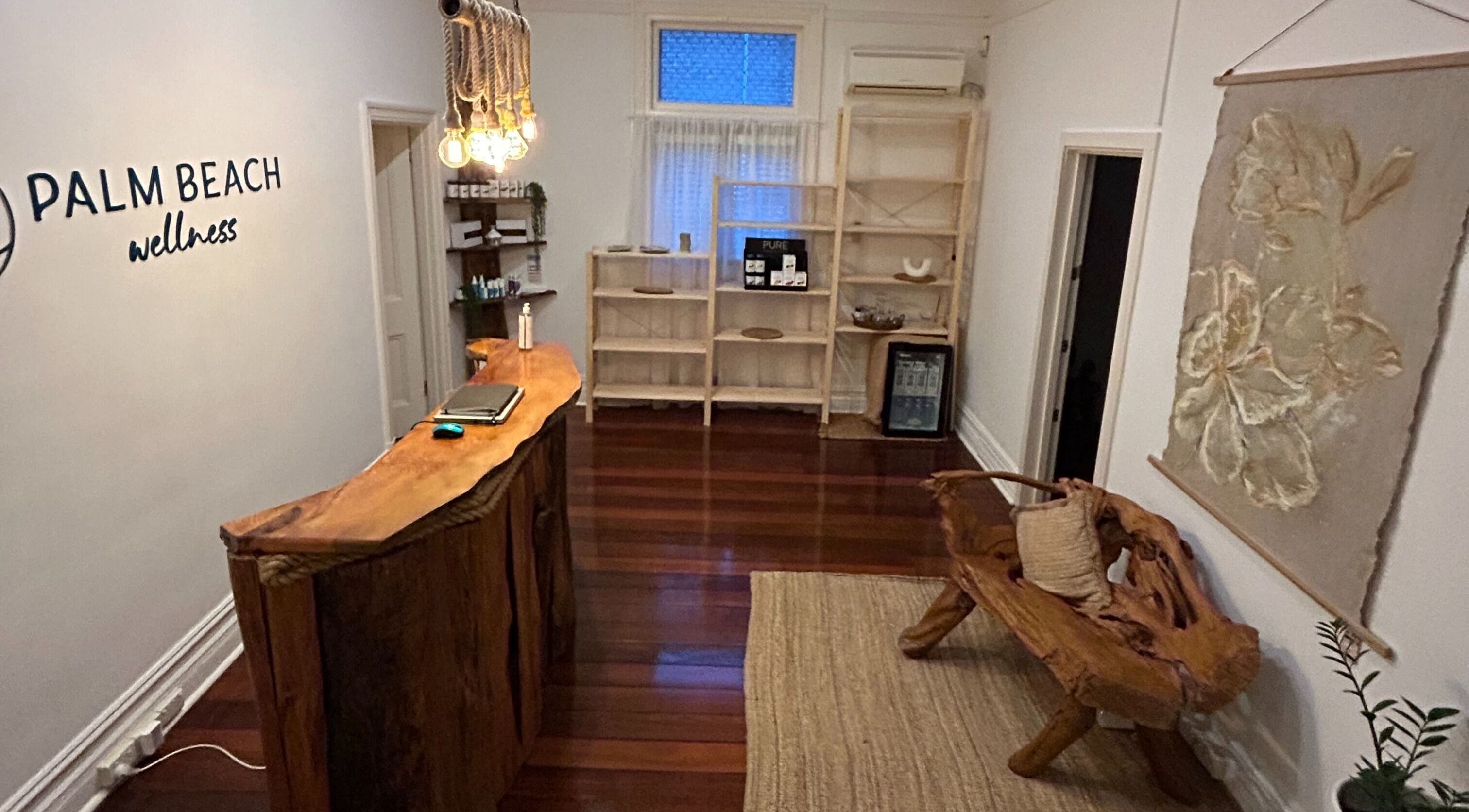 Rustic reception area at Palm Beach Wellness Nedlands in Nedlands, Western Australia, AU with wooden decor.