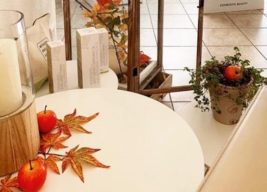 Herbstliche Dekoration bei Beauty House Brugg, Brugg, Aargau, CH mit Kerze und Pflanzen.