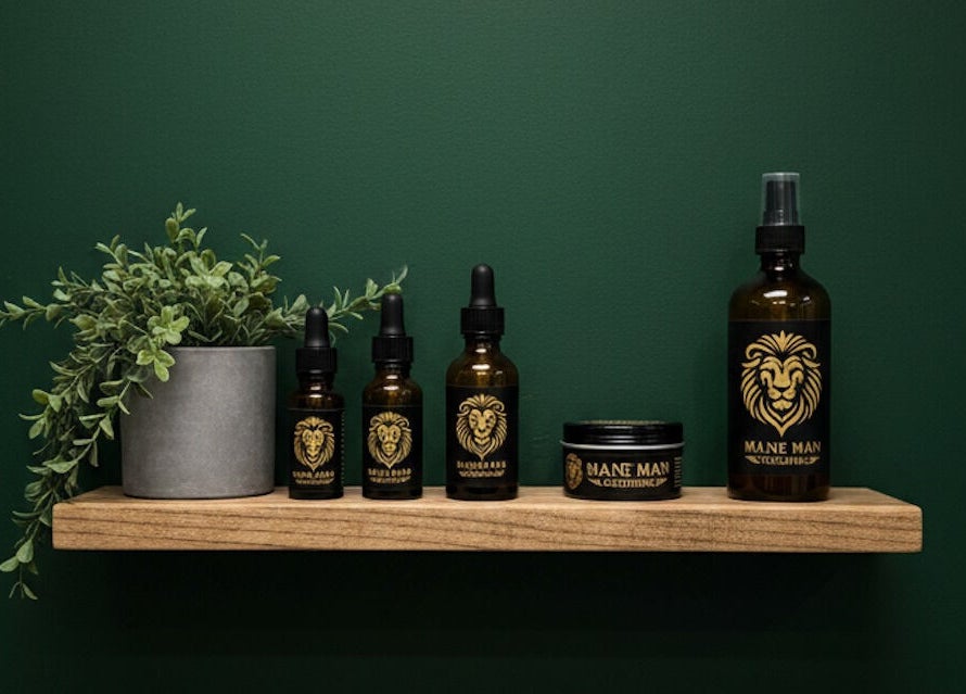 Mane Man Grooming Ltd grooming products on shelf, London, England, GB.