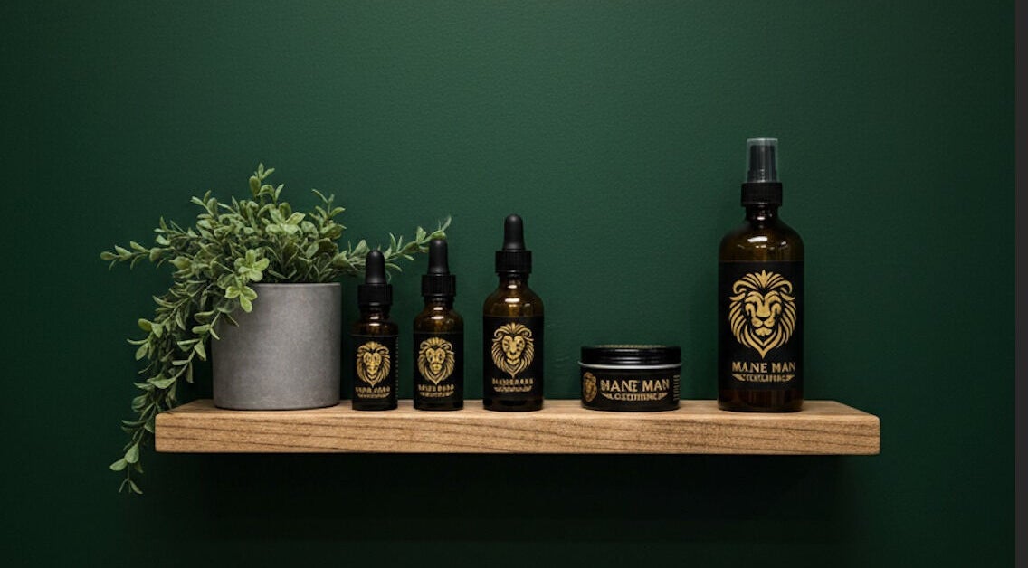 Mane Man Grooming Ltd grooming products on shelf, London, England, GB.