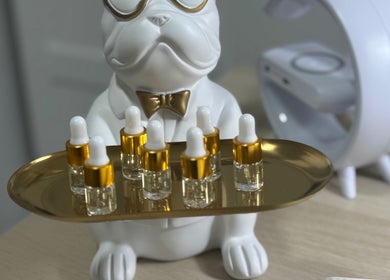 Estatueta de bulldog com bandeja e frascos na Joana Paulino, Senhora Da Hora, Porto, PT.
