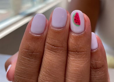 Stylish watermelon nail art at Hideaway Hudson Beauty, Hudson, Québec, CA.