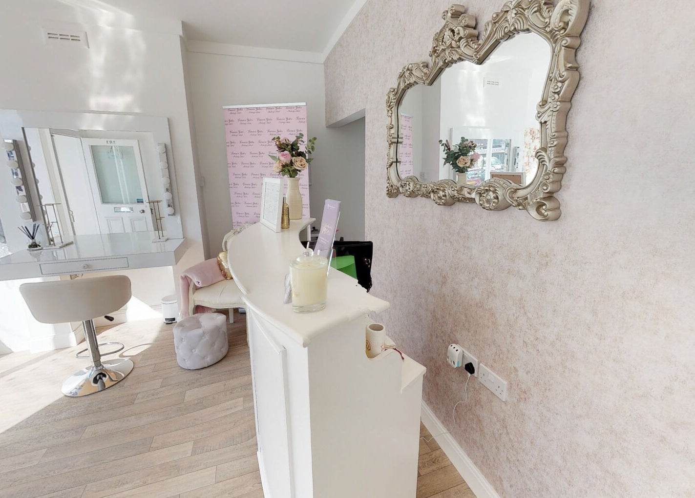 Makeup By Ruby salon in Chesterfield, England, GB, featuring chic decor and a stylish vanity.