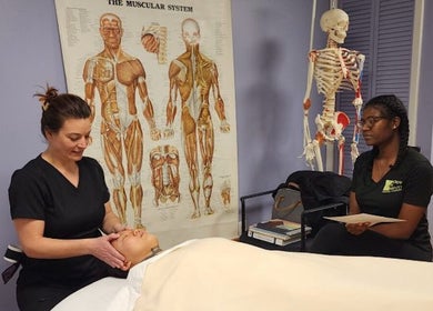 Massage training at Body in Mind Massage Institute - West New York, NJ, showing anatomy poster and practicing students.
