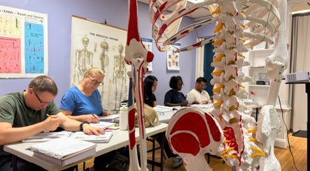 Students learning anatomy at Body in Mind Massage Institute - West New York, NJ with skeletal models around.