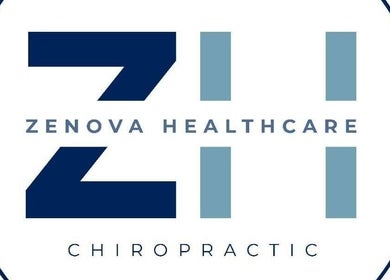 Zenova Healthcare Chiropractic logo, Auckland, NZ. Blue and grey design.