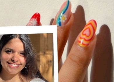 Colorful nail art with heart design at Boujee Nail Boo, Thunder Bay, Ontario, CA.